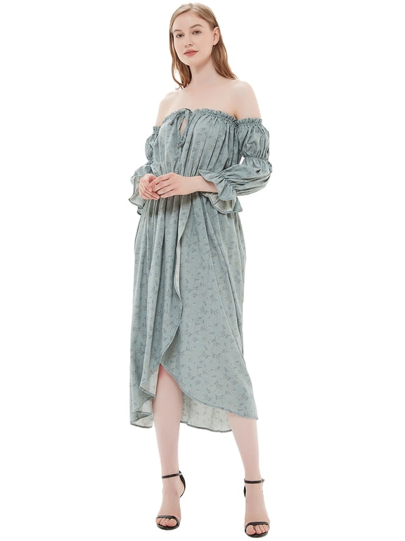 Womens Casual Floral Print Boho Long Sleeve Off Shoulder Renaissance Peasant Dress, Blue Flower, Small