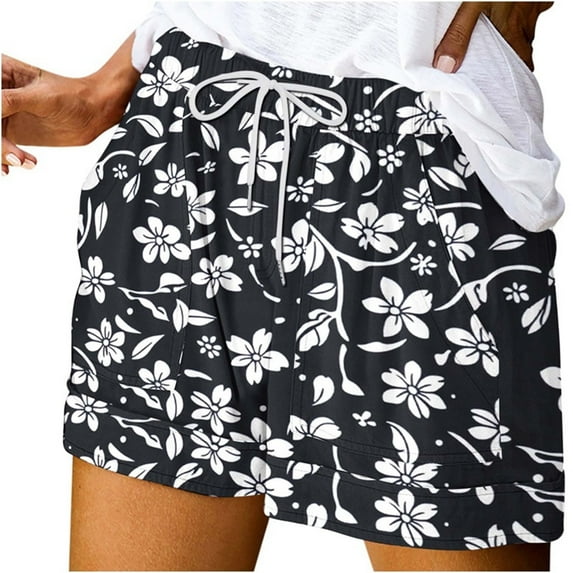 Womens Casual Floral Printed Elastic High-Waisted Drawstring Shorts Beach Shorts with Side Pockets