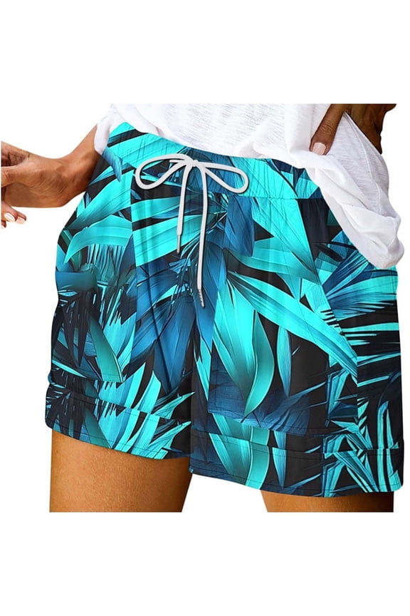 Womens Casual Floral Printed Elastic High-Waisted Drawstring Shorts Beach Shorts with Side Pockets