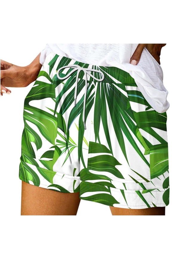 Womens Casual Floral Printed Elastic High-Waisted Drawstring Shorts Beach Shorts with Side Pockets