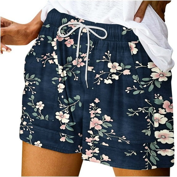 Womens Casual Floral Printed Elastic High-Waisted Drawstring Shorts Beach Shorts with Side Pockets