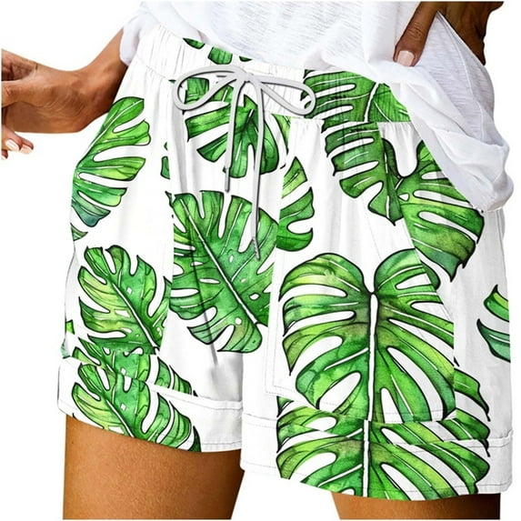 Womens Casual Floral Printed Elastic High-Waisted Drawstring Shorts Beach Shorts with Side Pockets