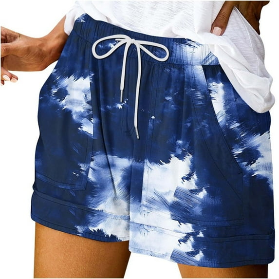 Womens Casual Floral Printed Elastic High-Waisted Drawstring Shorts Beach Shorts with Side Pockets