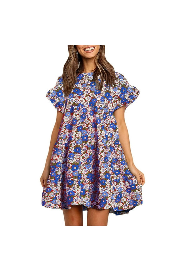 Womens Casual Floral Printed Mini Dress Boho Ruffles Swing Dress