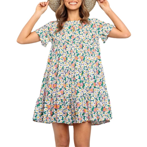 Womens Casual Floral Printed Mini Dress Boho Ruffles Swing Dress