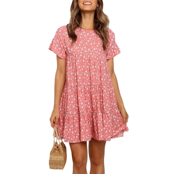 Womens Casual Floral Printed Mini Dress Boho Ruffles Swing Dress