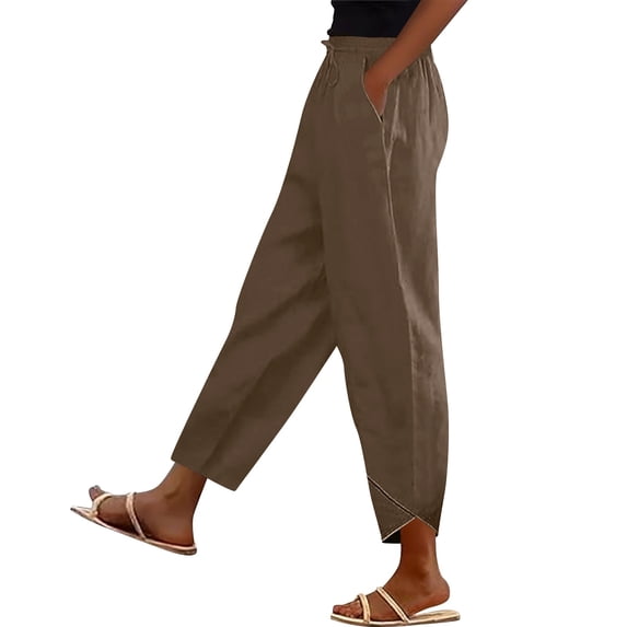 Womens Casual Flowy Pants Summer Pants Solid Color Elastic Waist Linen Pockets Pants Dressy Lounge Trousers