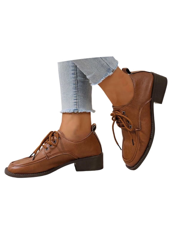 Womens Casual Four-Season Loafers with Square Toe and Front Lace-Up Low Heel for Everyday Wear and Versatility