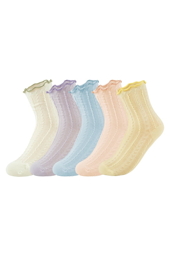 Womens Casual Frilly Socks Cute Cotton Ruffle Turn-Cuff Lettuce Crew Socks Thin Breathable 5 Pairs