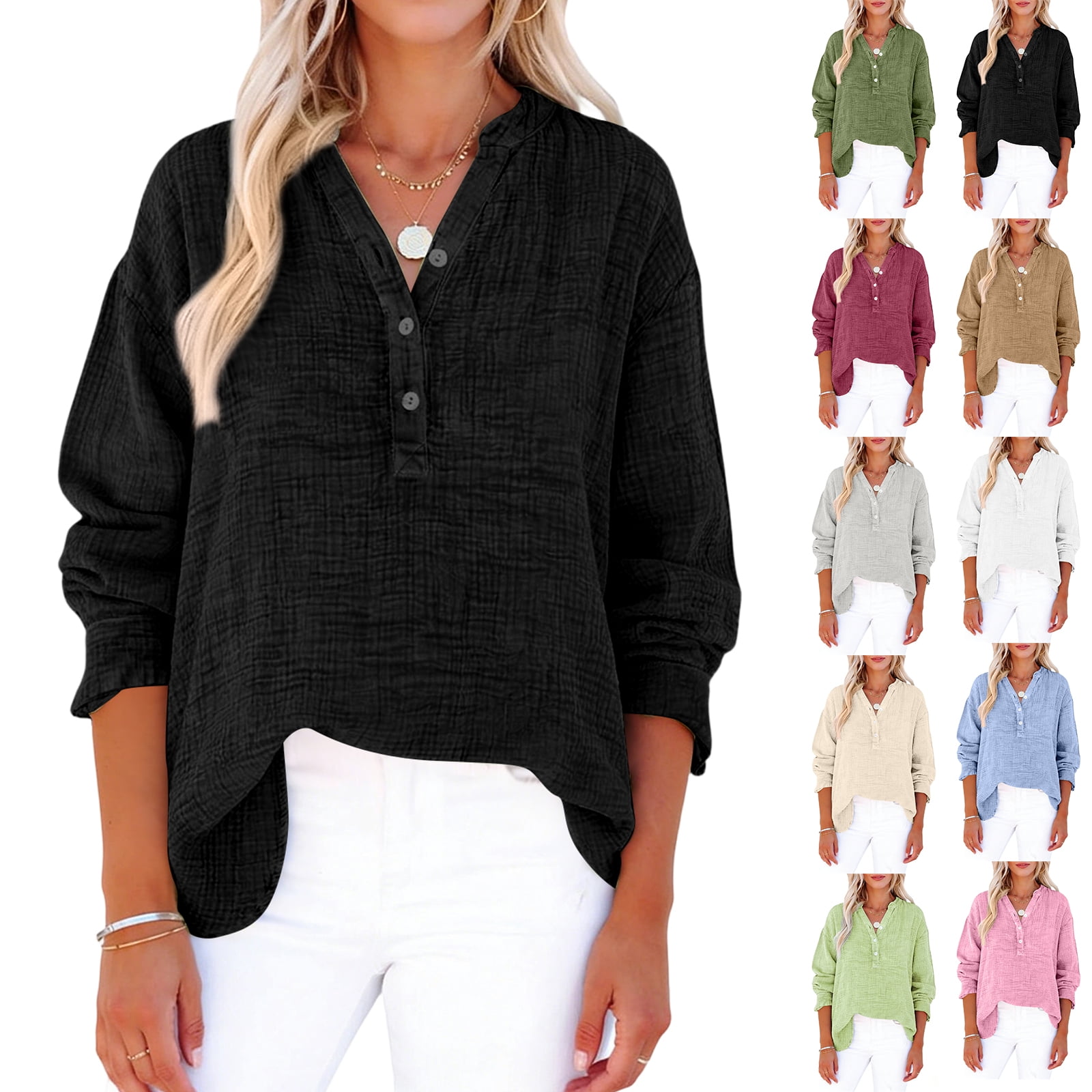 Womens Casual Gauze Button Neck Long Sleeve Blouses, Gauze Shirts for ...