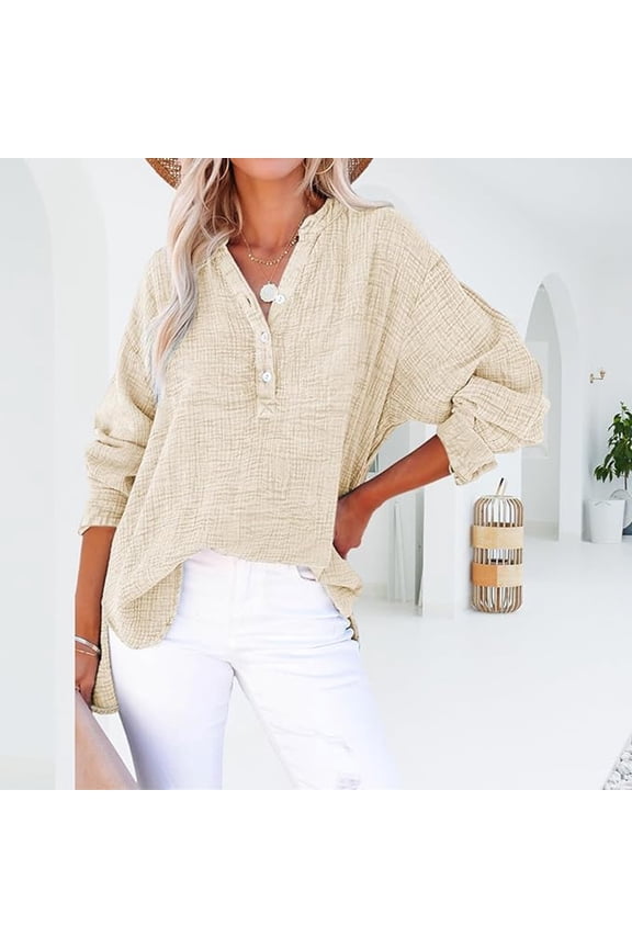 Womens Casual Gauze Button Neck Long Sleeve Blouses Tops, Lightweight Loose V Neck Pullover Shirts Beige 3XL