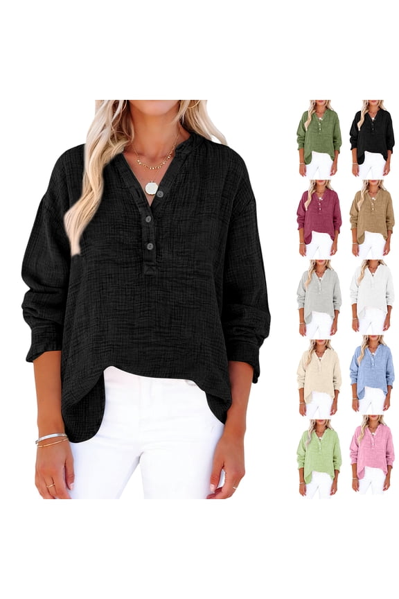 Womens Casual Gauze Button Neck Long Sleeve Oversized Blouses Tops, Lightweight Loose V Neck Pullover Shirts, M