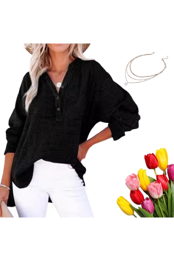 Womens Casual Gauze Button Neck Long Sleeve Oversized Blouses Tops, Lightweight Loose V Neck Pullover Shirts