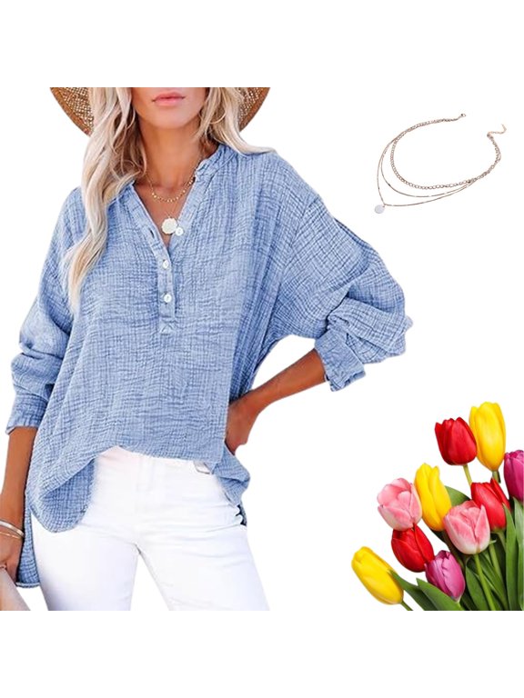 Womens Casual Gauze Button Neck Long Sleeve Oversized Blouses Tops, Lightweight Loose V Neck Pullover Shirts