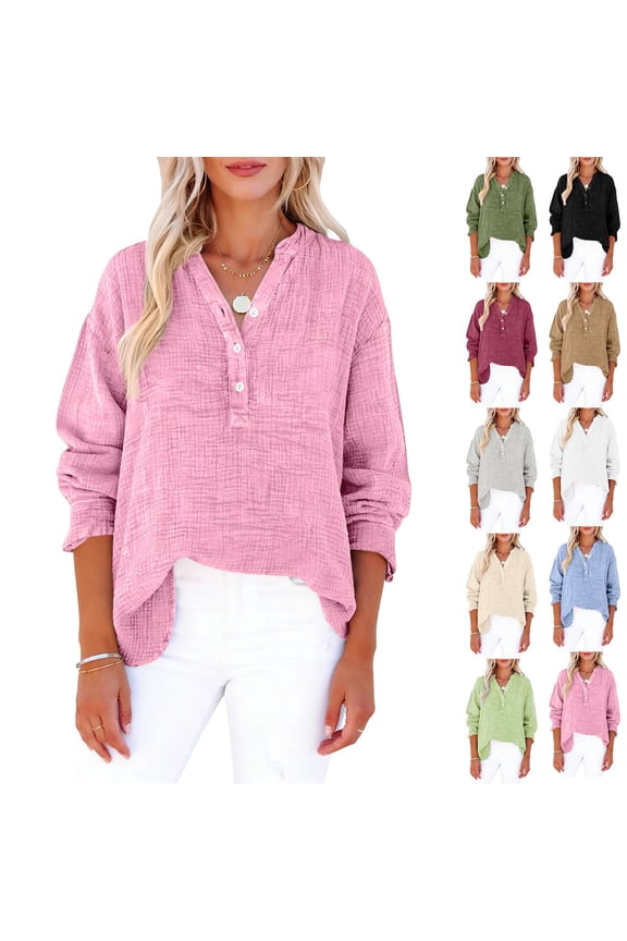 Womens Casual Gauze Button Neck Long Sleeve Oversized Blousestops, Gauze Shirts for Women, Gauze Tops and Blouses Pink S