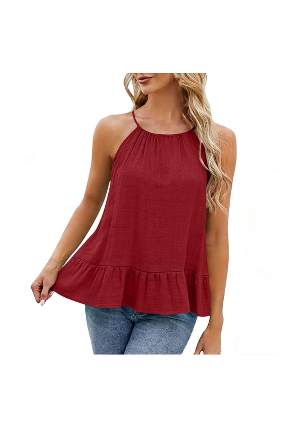 Womens Casual Halter Top with Ruffle Hem - Loose Fit Tank Top, Sleeveless Summer Blouse for Everyday Wear in Red,Size XL