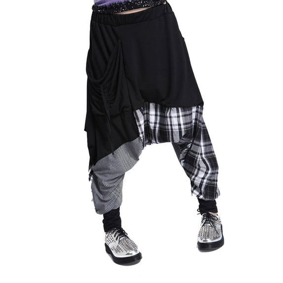 Womens Casual Harem Pants Baggy MC Hammer Drop Crotch Joggers Pocket Plaid Hip Hop Yoga Pants GY206 Black