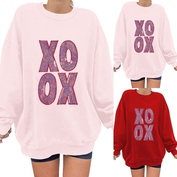 Womens Casual Heart Graphic Sweatshirts Long Sleeve Pullover Loose Crewneck Cute Love Printed Sweatshirt Tops Red M