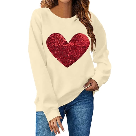 Womens Casual Heart Graphics Shirt Long Sleeve Pullover Loose Crewneck Cute Love Printed Sweatshirt Tops Beige S