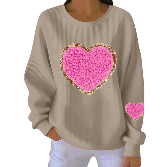 Womens Casual Heart Graphics Shirt Long Sleeve Pullover Loose Crewneck Cute Love Printed Sweatshirt Tops Khaki S