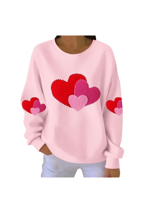 Womens Casual Heart Graphics Shirt Long Sleeve Pullover Loose Crewneck Cute Love Printed Sweatshirt Tops Pink XXL