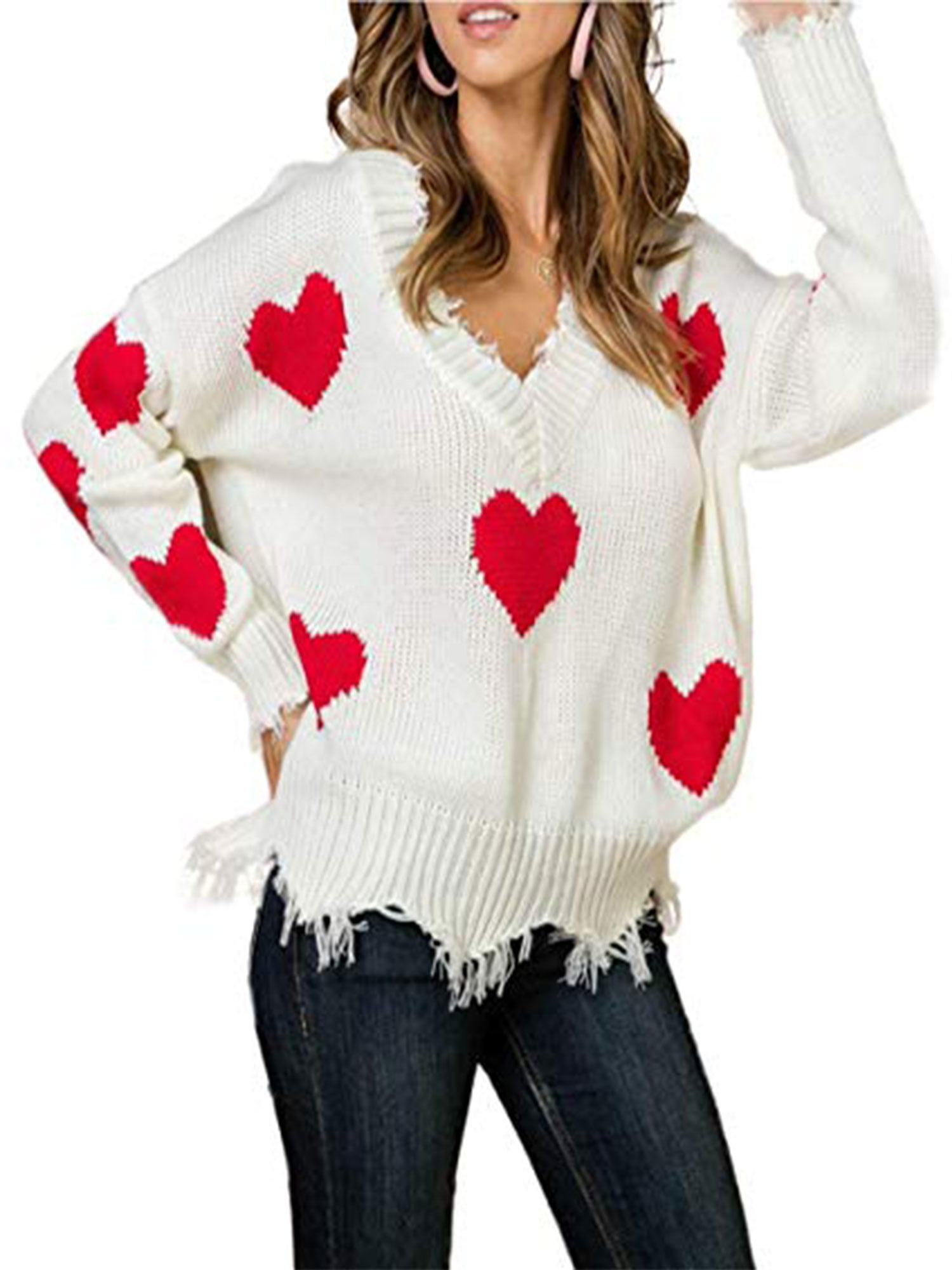 Womens Casual Heart Patcwork V Neck Knit Sweater Ladies Long 