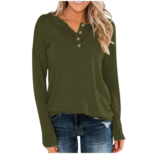 Womens Casual Henley Tops Solid Color Button Down V Neck Long Sleeve Pullover Loose Fit Tunics Tee