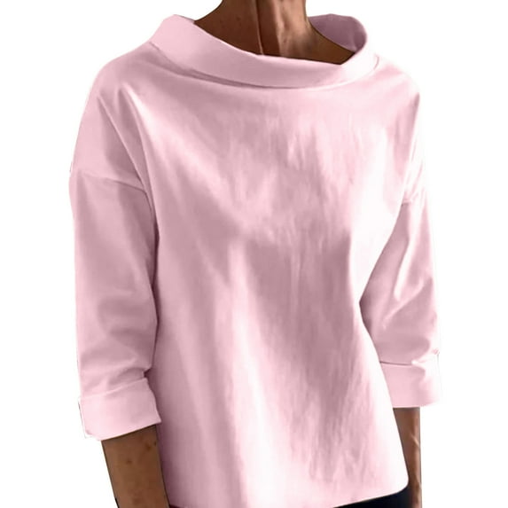 Womens Casual High Neck Sweatshirt Cotton Long Sleeve Shirts Solid Curved Hem Tunic Pullover Tops