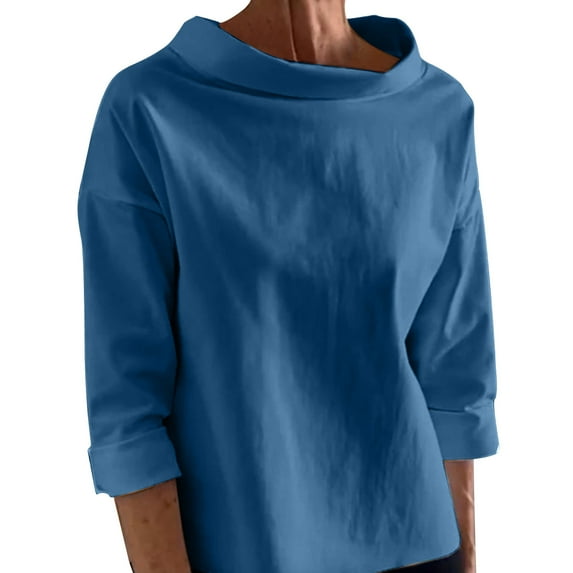 Womens Casual High Neck Sweatshirt Cotton Long Sleeve Shirts Solid Curved Hem Tunic Pullover Tops