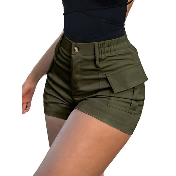 Womens Casual High Waist Button Front Street Style Cargo Shorts with Pockets for Summer Green M