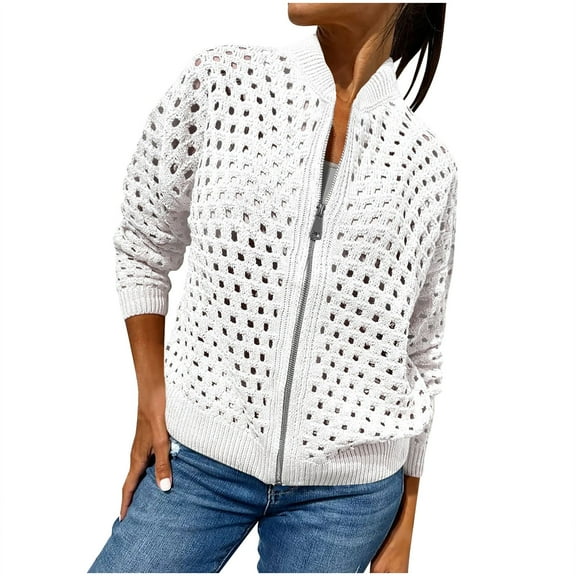 Womens Casual Hollow Knitwear Full Zipper Bomber Jacket Spring Zip up Crochet Jackets Lightweight Cardigans Sweater
