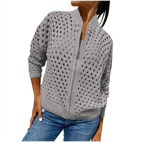 Womens Casual Hollow Knitwear Full Zipper Bomber Jacket Spring Zip up Crochet Jackets Lightweight Cardigans Sweater