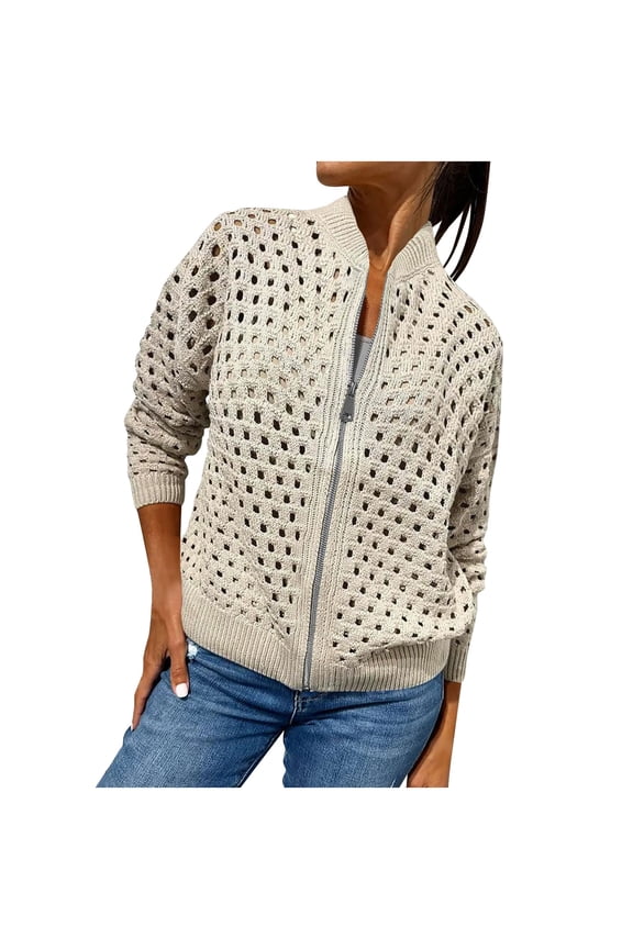 Womens Casual Hollow Knitwear Full Zipper Bomber Jacket Spring Zip up Crochet Jackets Lightweight Cardigans Sweater