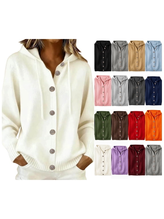Cardigan Sweaters for Women Button Front Long Sleeve Essentials Fall Winter Hoodie White Size 2XL