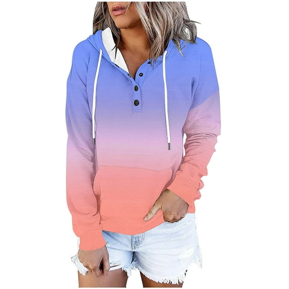 Womens Casual Hoodies Fashion Printed Front Pocket Drawstring Sweatshirt with Buttons Long Sleeve Pullover Tops (2XL, Blue-Gradient)