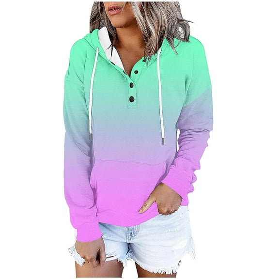 Womens Casual Hoodies Fashion Printed Front Pocket Drawstring Sweatshirt with Buttons Long Sleeve Pullover Tops (XL, Green-Gradient)