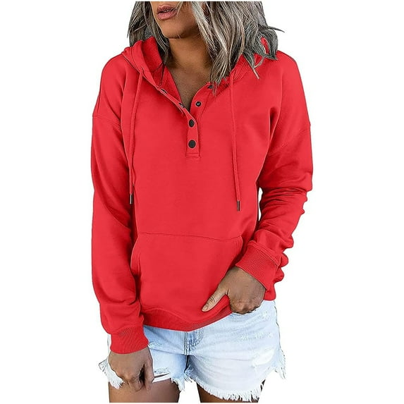 Womens Casual Hoodies Long Sleeve Drawstring Lightweight Hooded Sweatshirt Button Loose Pullover Tops with Pocket