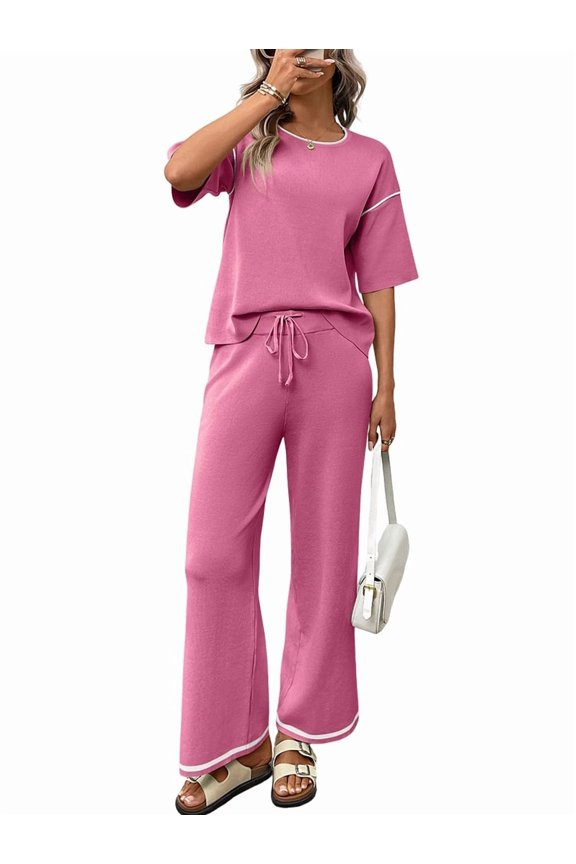 Womens Casual Ice Silk Knit Short Sleeve Set Round Neck Top Drawstring Pants 2 Piece Outfit Rose Red L