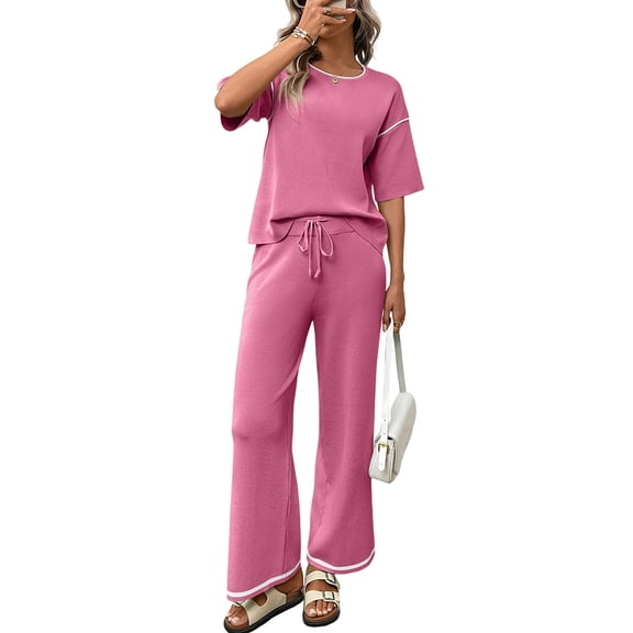 Womens Casual Ice Silk Knit Short Sleeve Set Round Neck Top Drawstring Pants 2 Piece Outfit Rose Red S
