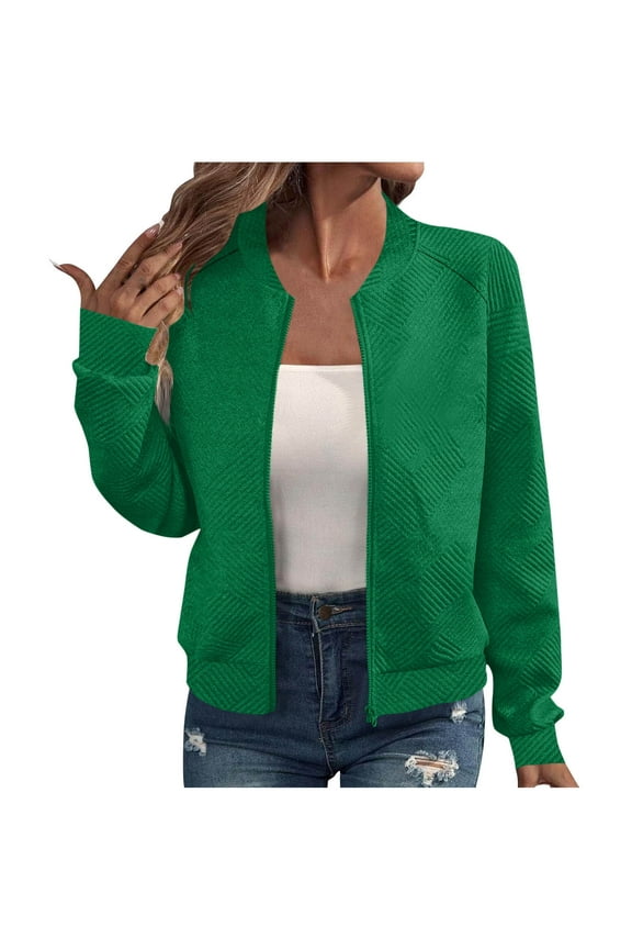 Womens Casual Jacket Fashion Zip Up Long Sleeve Jackets Loose Ribbed Cuffs and Hem Outwear with Pockets Green L