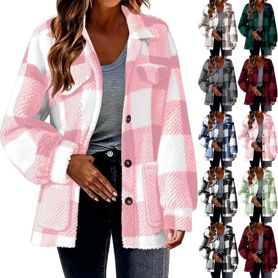 Womens Casual Jacket Plaid Fleece Button Down Turned-Down Collar Warm Shacket Fall Winter Coat with Patch Pockets