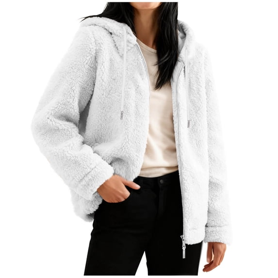 Womens Casual Jacket Solid Color Fleece Zip Front Long Sleeve Hooded Cardigan Everyday Casual Commuting