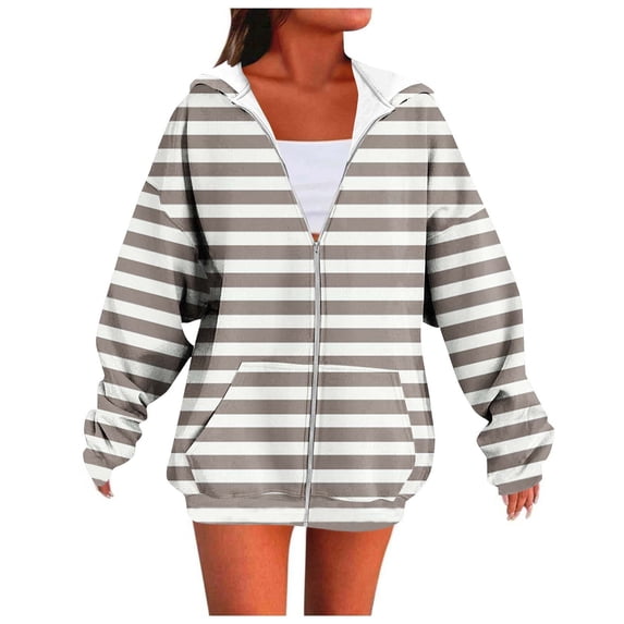 Womens Casual Jacket Striped Print Zip-Up Hoodie Cardigan Jacket, Long Sleeve Top With Pockets