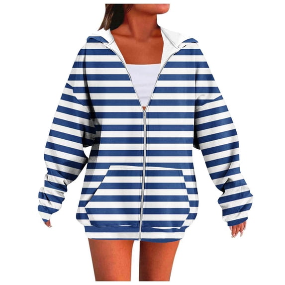 Womens Casual Jacket Striped Print Zip-Up Hoodie Cardigan Jacket, Long Sleeve Top With Pockets