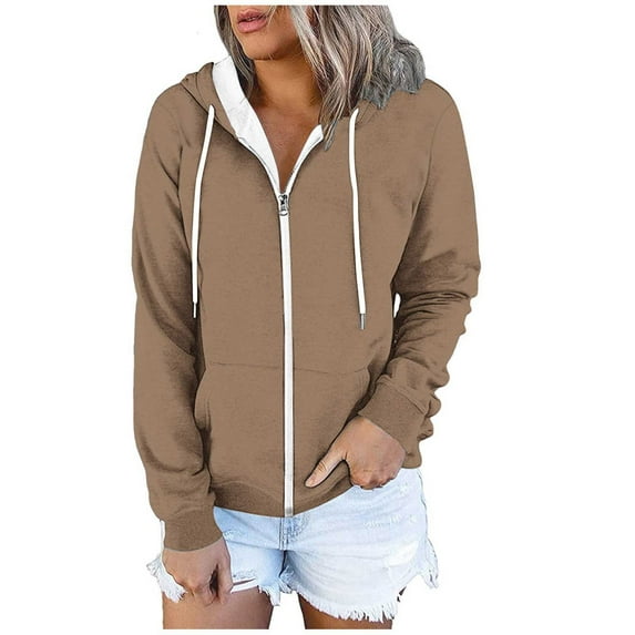 Womens Casual Jackets with Two Pockets FashionableLightweight Spring Fall Long Sleeve Solid Color Hoodie Trendy Sports Zipper Relaxed Athletic Jacket for Running Hiking
