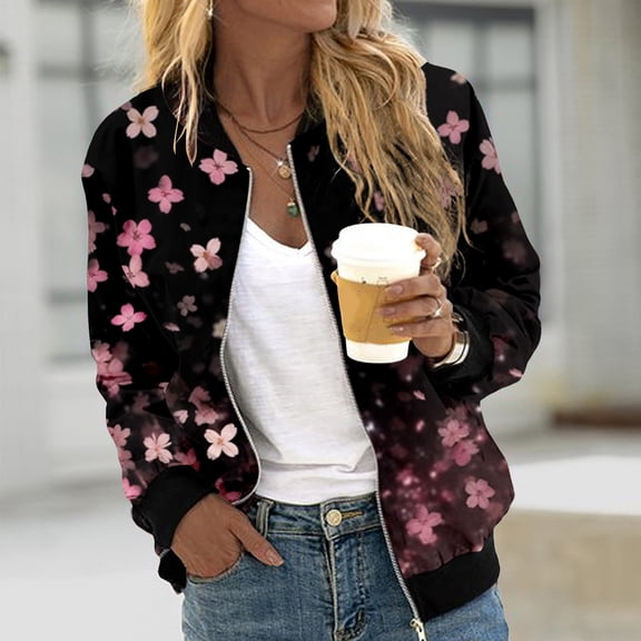 Womens Casual Jackets Zip Up Jacket Floral Print Coat Stand Collar Short Sports Zipper Outwear Vests for Women Dressy Leather Casual Jackets for Women Womens Dress Jackets Lightweight Women Business