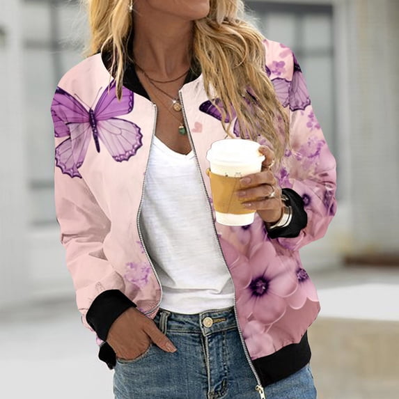 Womens Casual Jackets Zip Up Jacket Floral Print Coat Stand Collar Short Sports Zipper Outwear Vests for Women Dressy Leather Casual Jackets for Women Womens Dress Jackets Lightweight Women Business
