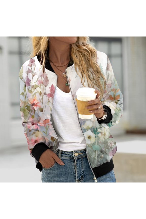 Womens Casual Jackets Zip Up Jacket Floral Print Coat Stand Collar Short Sports Zipper Outwear Womens Casual Jackets for Fall Womens Casual Jackets Winter Women Tan Jacket Wool Lined Hood Solid Casual