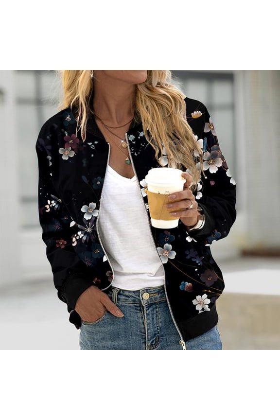 Womens Casual Jackets Zip Up Jacket Floral Print Coat Stand Collar Short Sports Zipper Outwear Work Suits Women Oversized Jean Jacket Women Business Casual Tops Light Weight Jackets for Women with
