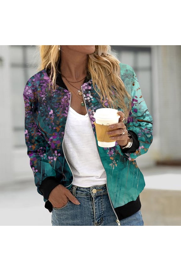 Womens Casual Jackets Zip Up Jacket Floral Print Coat Stand Collar Short Sports Zipper Outwear Work Suits Women Oversized Jean Jacket Women Business Casual Tops Light Weight Jackets for Women with